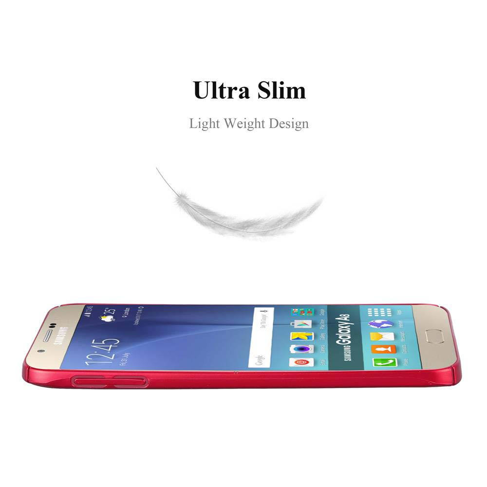 Custodia rossa con telefono e piuma fluttuante sopra.