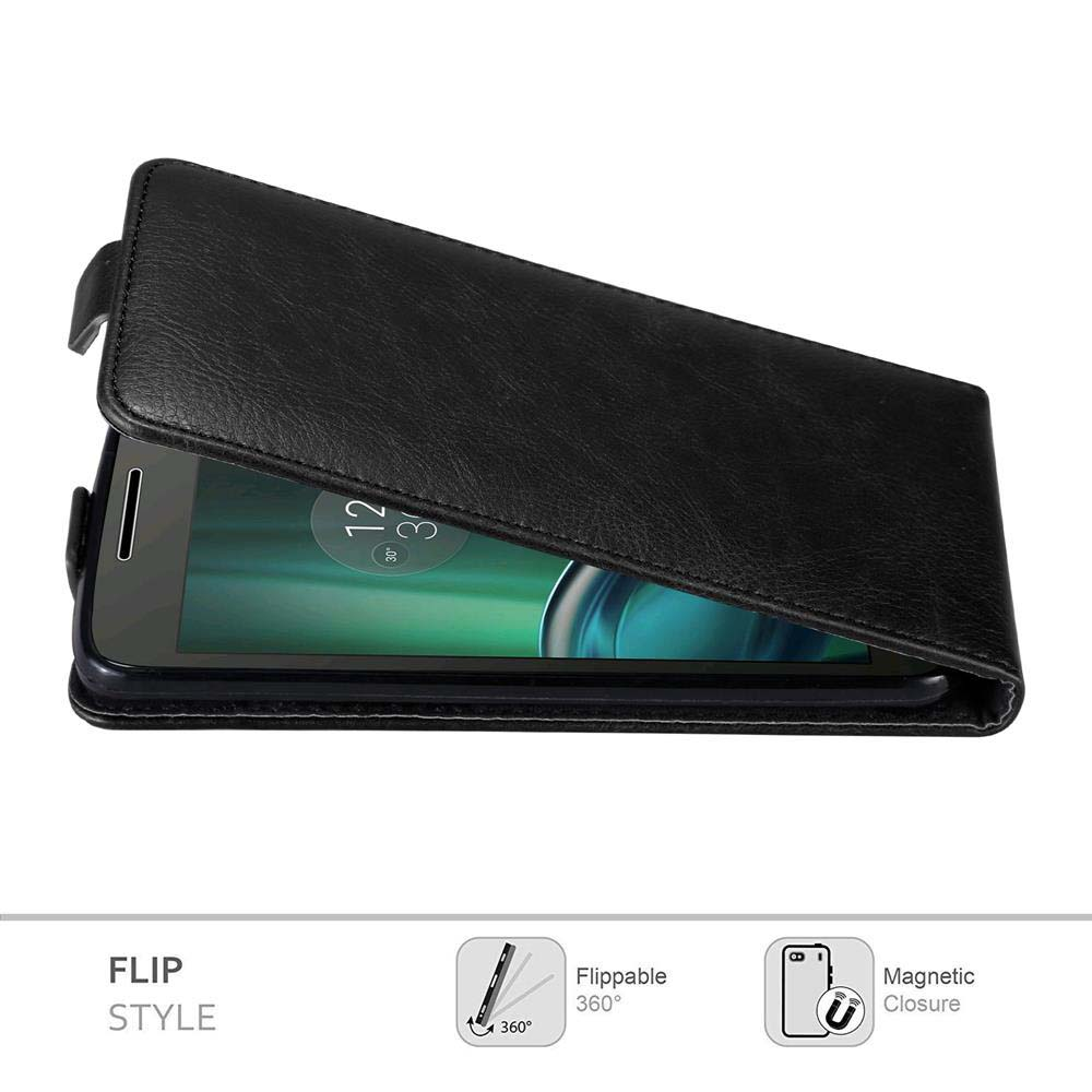 Funda de teléfono negra abierta con un teléfono dentro, mostrando la pantalla.