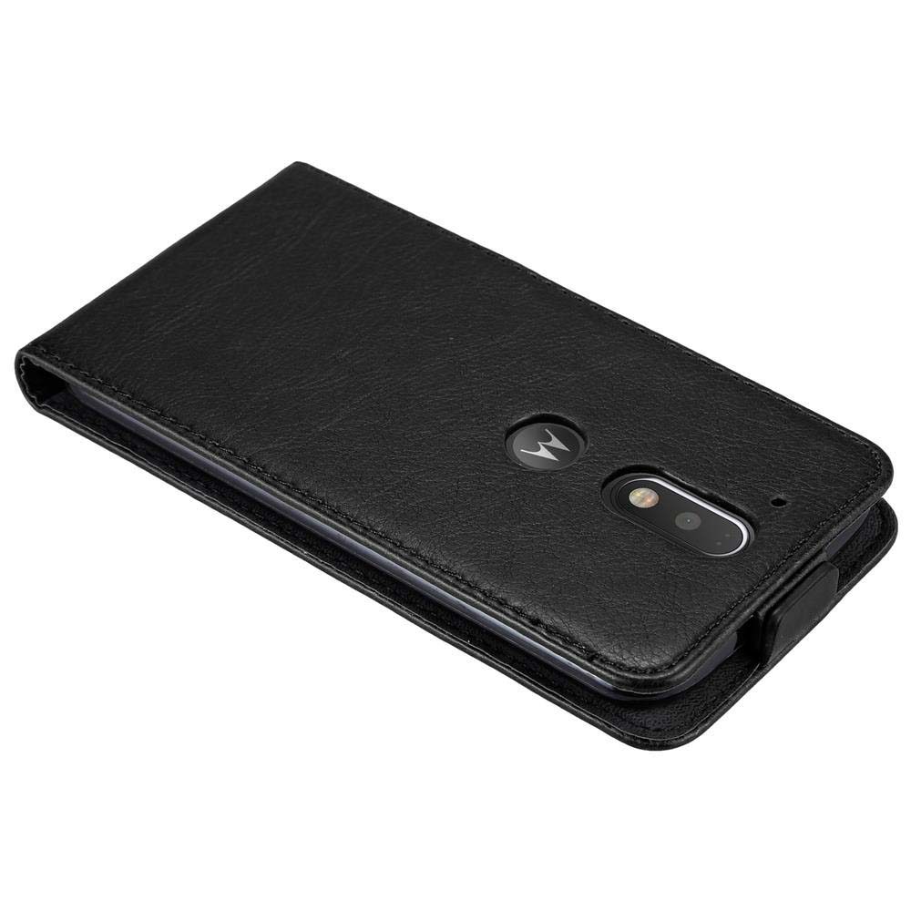 Funda de teléfono de cuero negra. Muestra el teléfono desde la parte trasera.