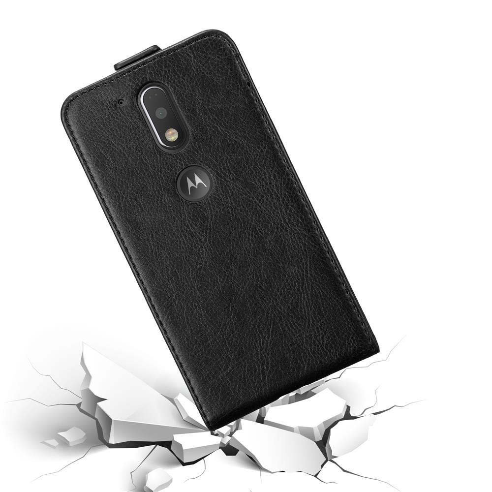 Funda de teléfono de cuero negro. Fondo blanco con grietas. Cámara y logo del teléfono visibles.