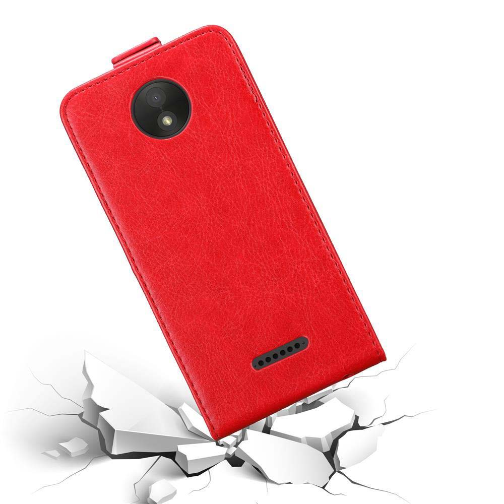 Custodia rossa per telefono su terreno rotto. Il testo dice DROP PROTECTION.