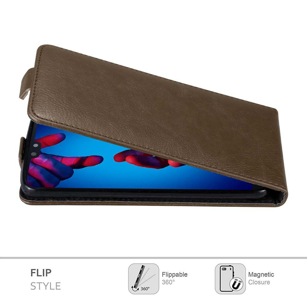 Custodia a libro marrone aperta con telefono all'interno. Testo: 'FLIP STYLE' e 'Magnetic Closure'.