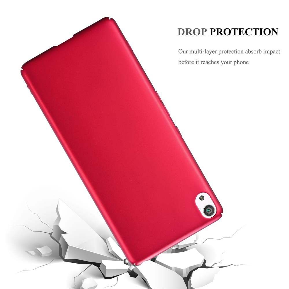 Una funda de teléfono roja en ángulo, con una superficie agrietada debajo. El texto 'DROP PROTECTION' es visible.