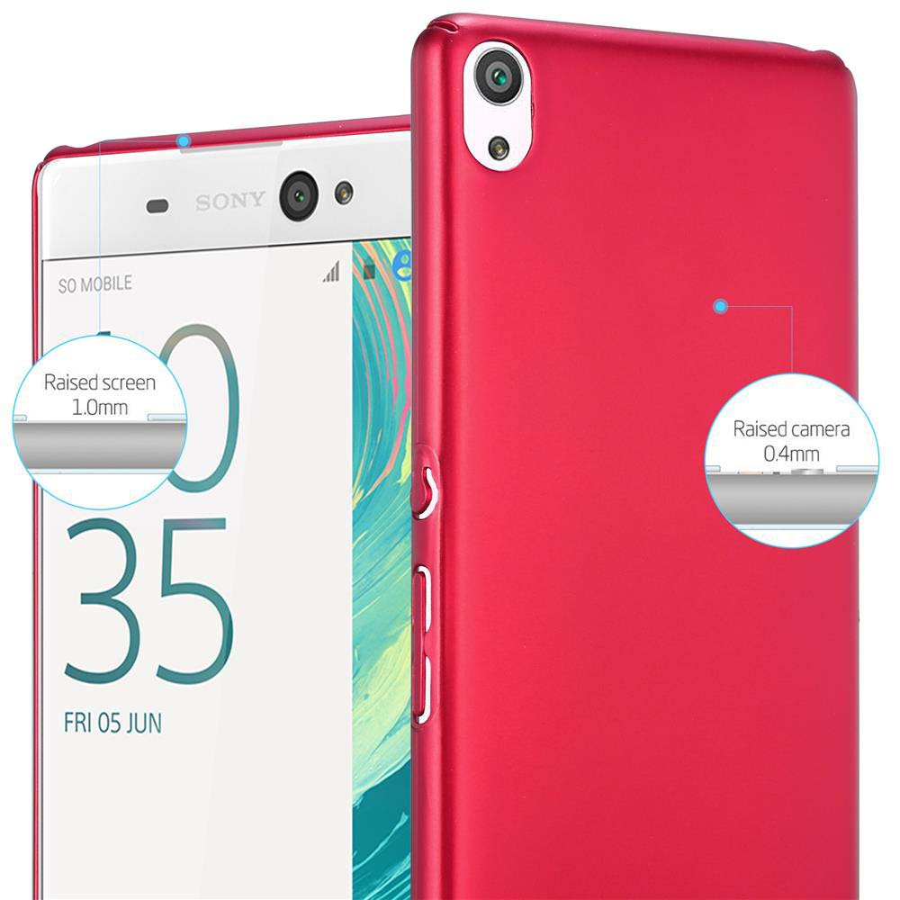 Una funda de teléfono roja con un teléfono blanco, mostrando la pantalla. La funda tiene bordes elevados.