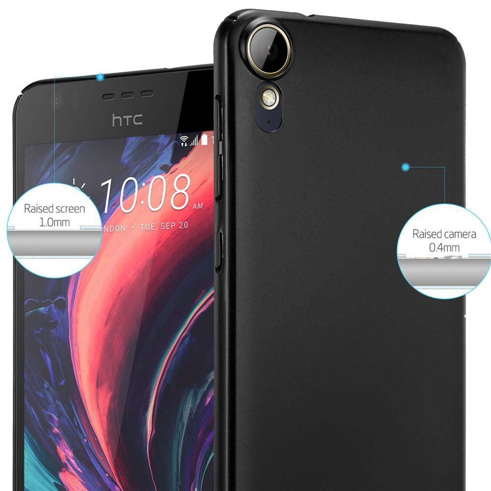 Funda de teléfono negra con un teléfono dentro. Texto y círculos se muestran en la imagen.