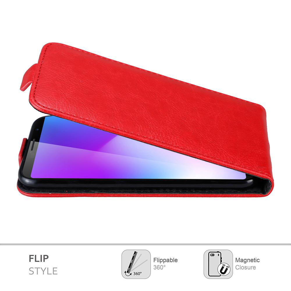 L'immagine mostra una custodia per telefono a ribalta rossa aperta, che rivela lo schermo del telefono.