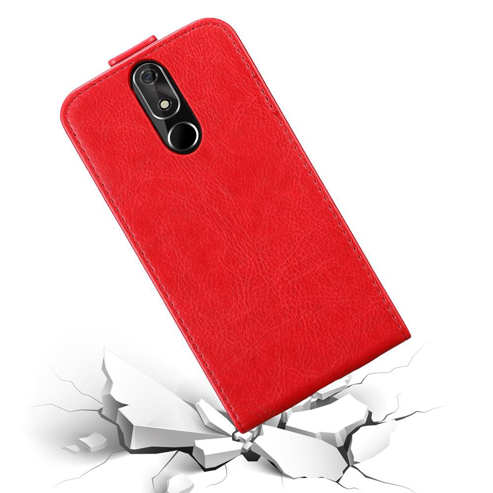 Custodia rossa per telefono, con un telefono all'interno. Effetto pavimento crepato sotto.