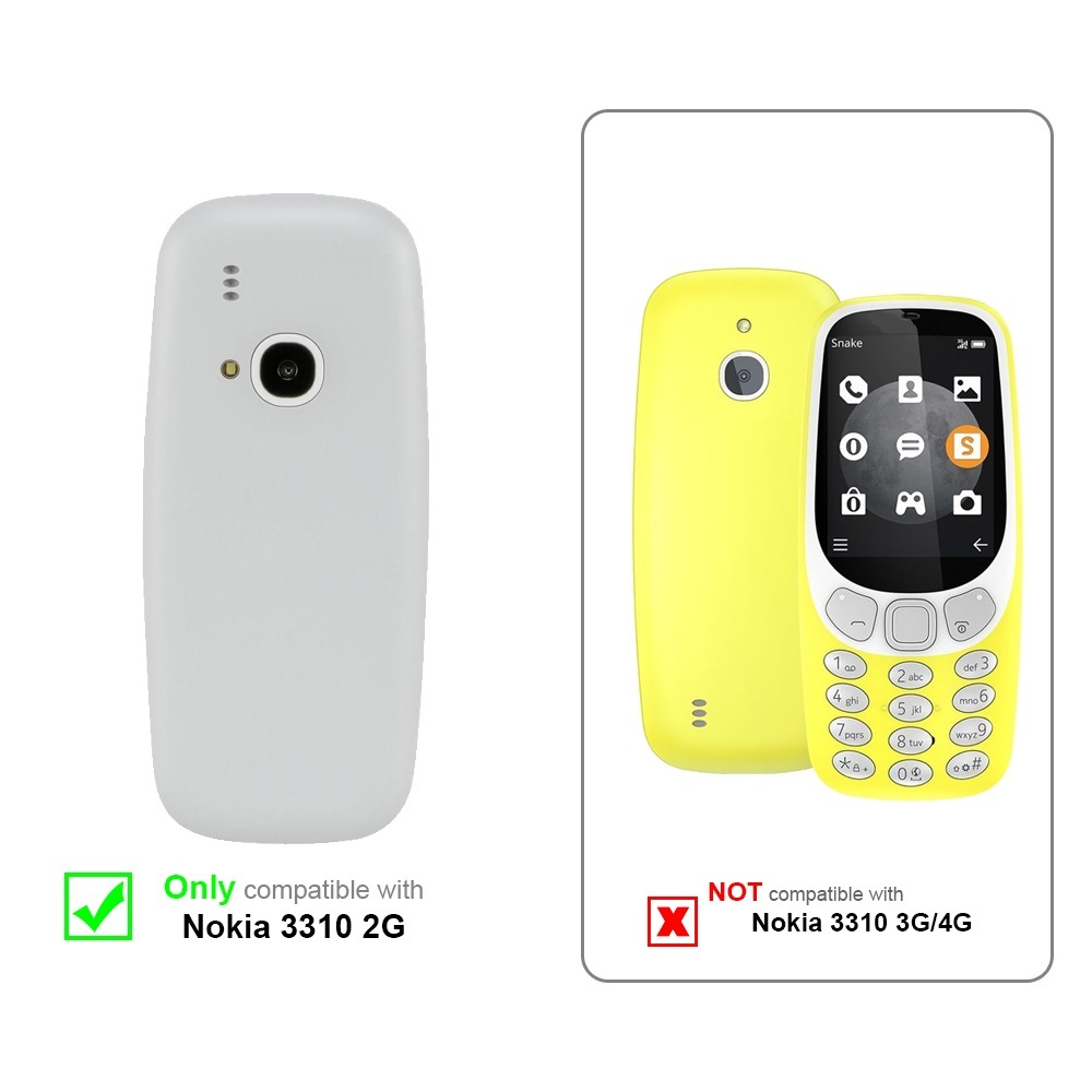 Due telefoni, uno bianco, uno giallo, con diagrammi che mostrano la compatibilità solo con Nokia 3310 2G, non 3G/4G.