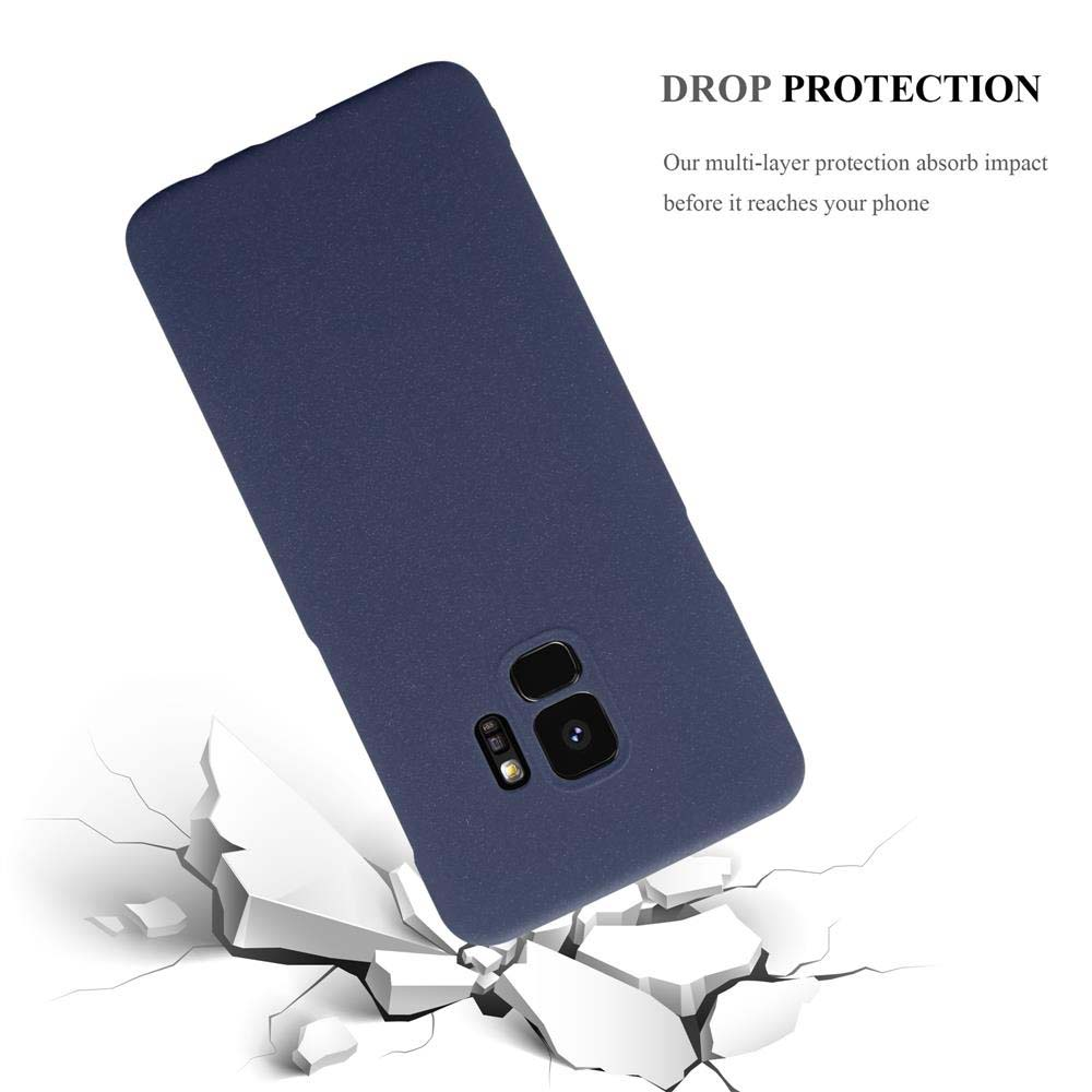 Una custodia per telefono blu navy inclinata, con crepe sottostanti. L'immagine evidenzia la protezione dalle cadute del telefono.