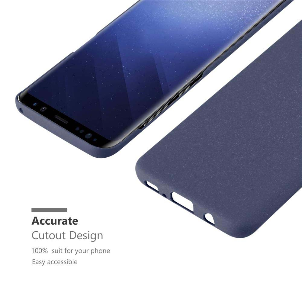 Custodia blu, con telefono. Il design ritagliato è mostrato sul lato.