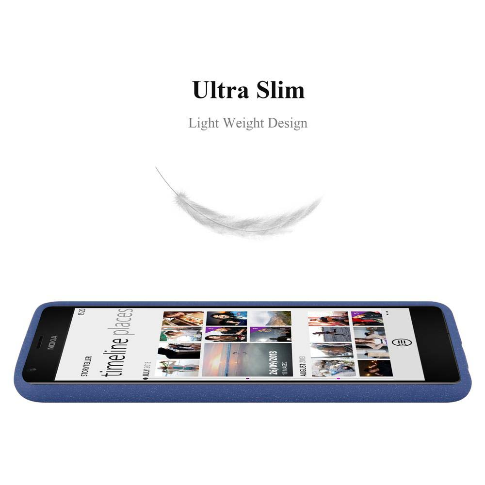 Telefono Nokia con custodia blu che mostra una sequenza temporale. Una piuma sopra il telefono.