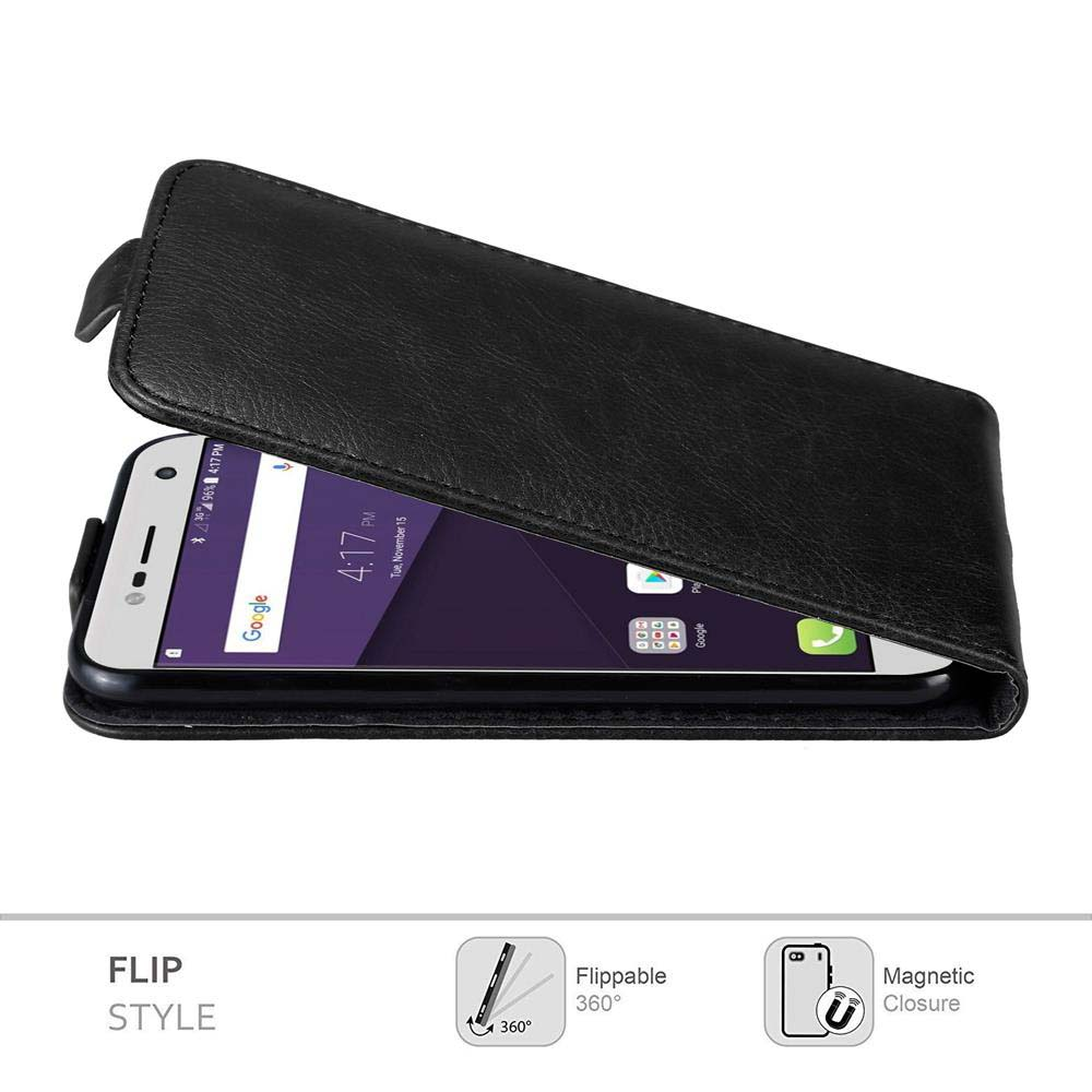 Eine schwarze Klapp-Handyhülle mit einem Telefon darin. Die Hülle ist geöffnet und zeigt den Bildschirm.