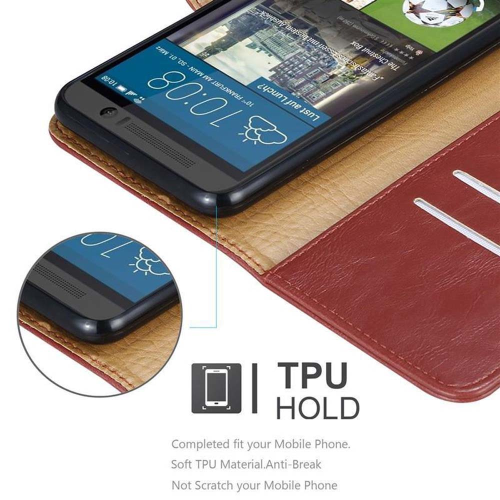 Telefono in custodia marrone con primo piano dello schermo e descrizione di tenuta in TPU.