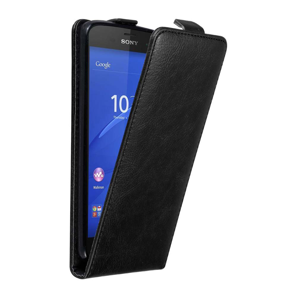 Funda negra con teléfono dentro. La marca es Sony. La funda está abierta.