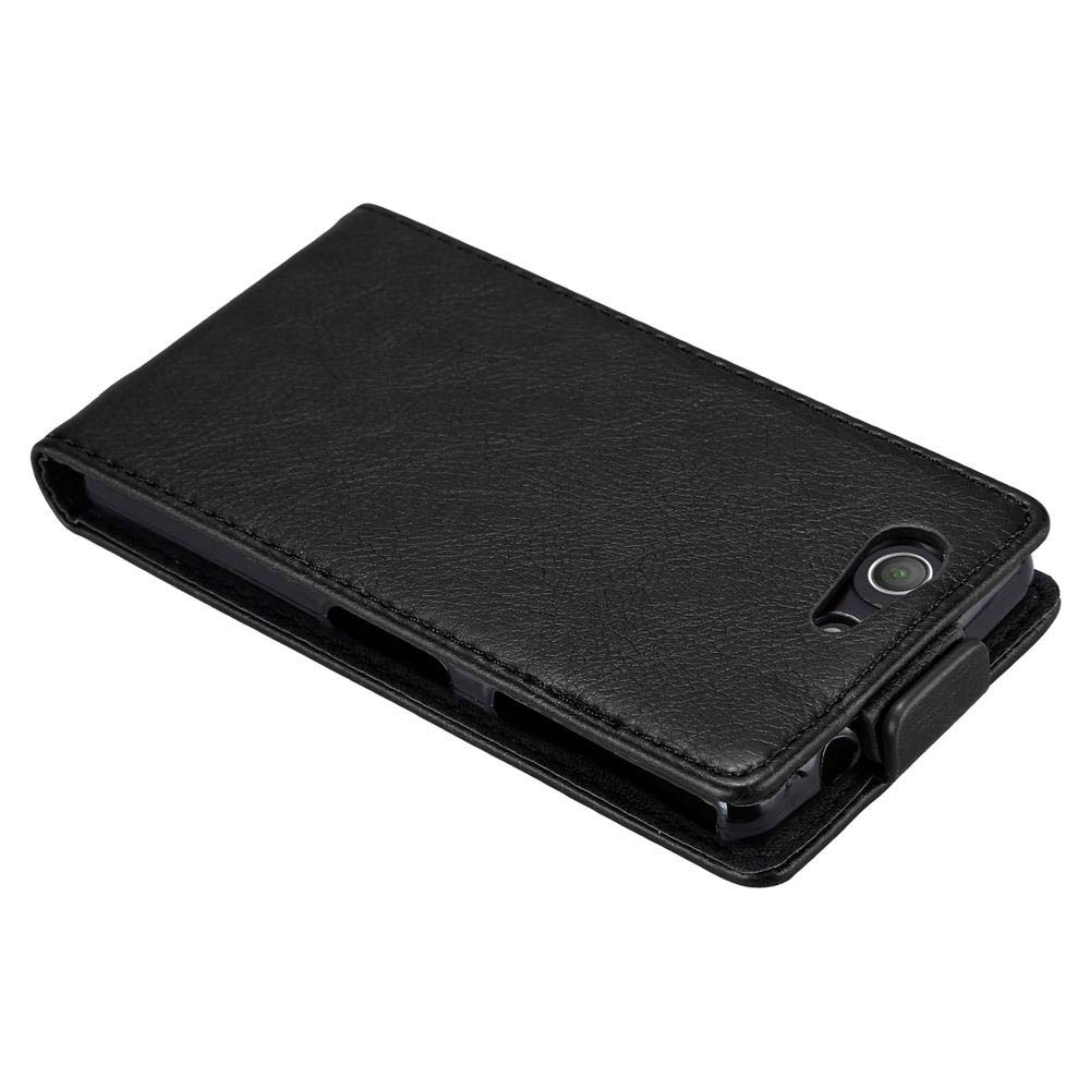 Funda de teléfono negra abierta, mostrando el teléfono dentro.