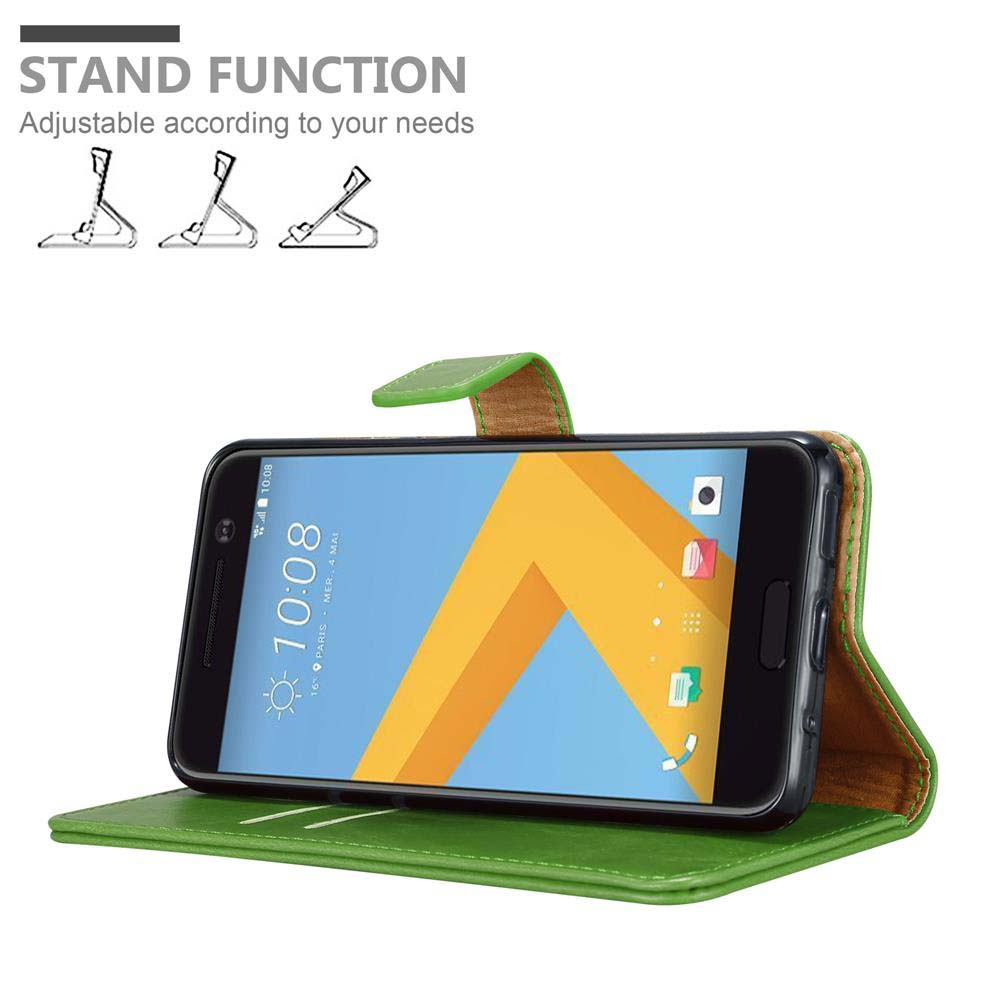 Eine grüne Handyhülle mit einem Smartphone darin. Es hat eine Standfunktion. Der Bildschirm zeigt die Uhrzeit.