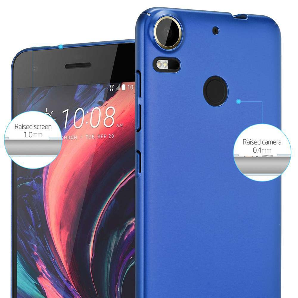 Eine blaue Handyhülle wird mit einem Telefon darin gezeigt. Der Bildschirm und die Kamera sind mit Text hervorgehoben.