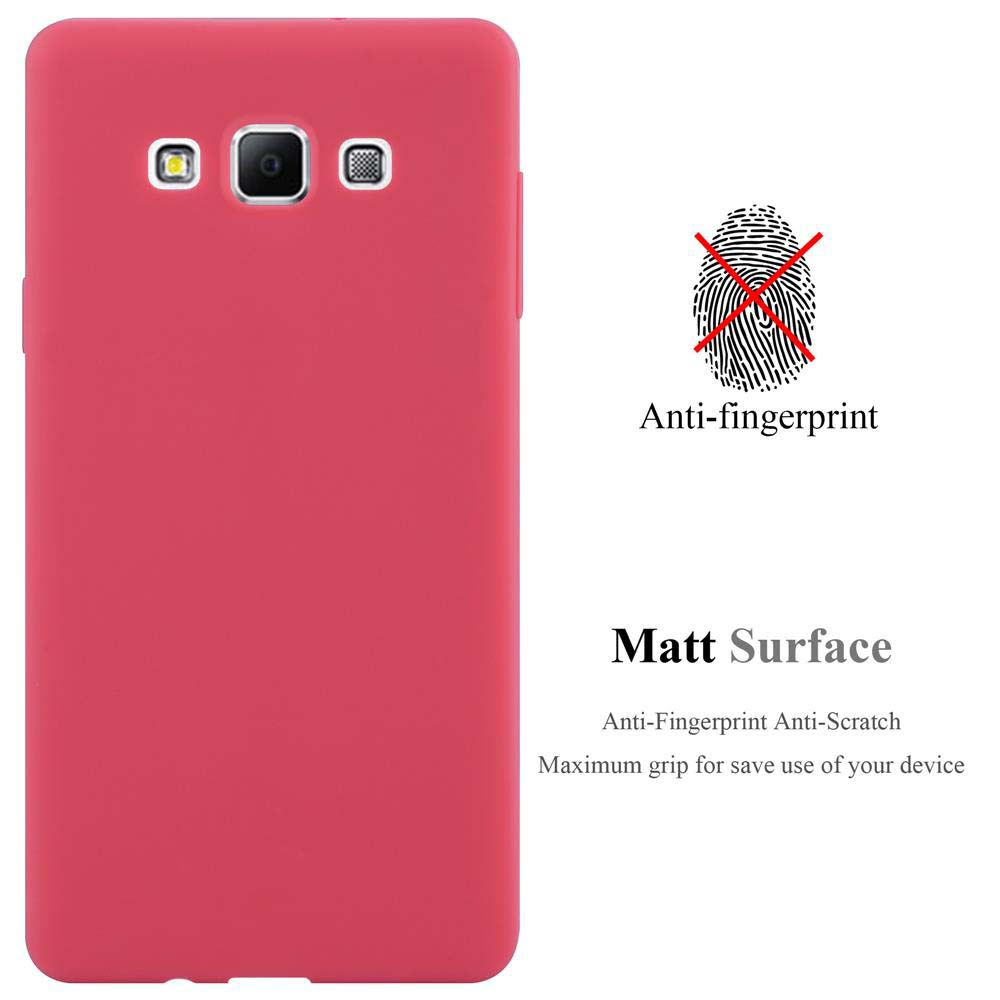 Rote Handyhülle mit Kameraausschnitten und Text: Anti-Fingerabdruck, matte Oberfläche.