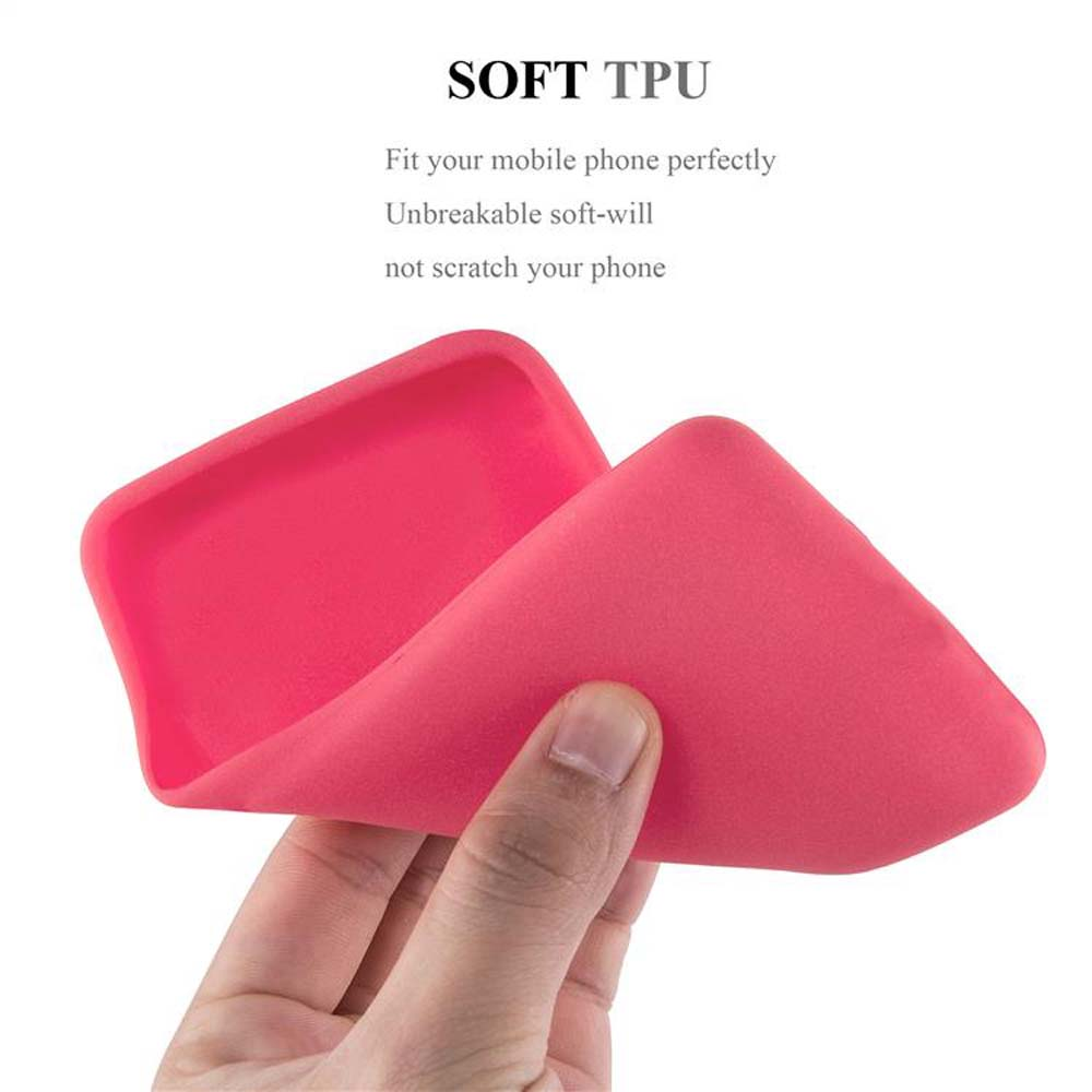 Rosa Handyhülle liegt flach auf weißer Oberfläche. Text lautet SOFT TPU.
