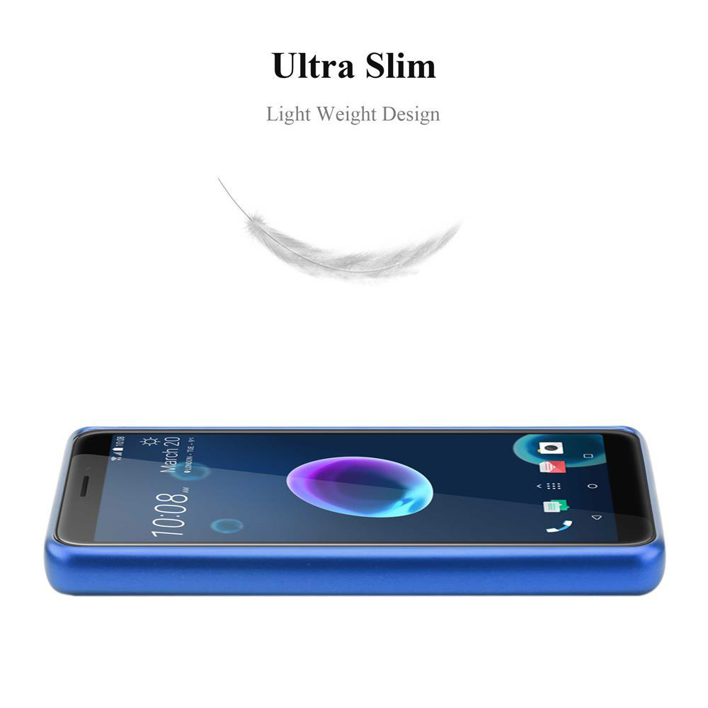 Una custodia blu con un telefono che mostra uno schermo. Una piuma galleggia sopra.