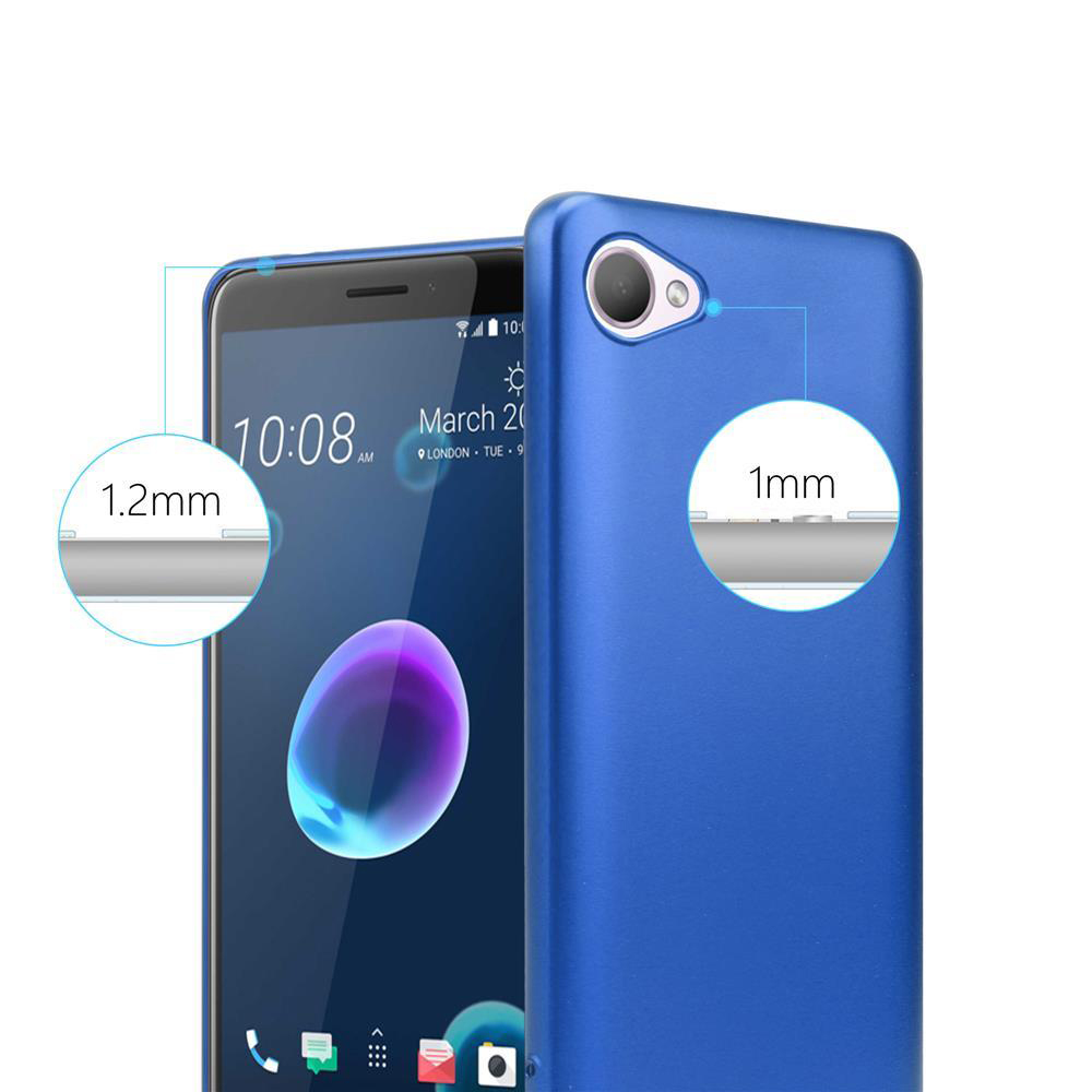 Una custodia per telefono blu e un telefono, con misure sullo schermo.