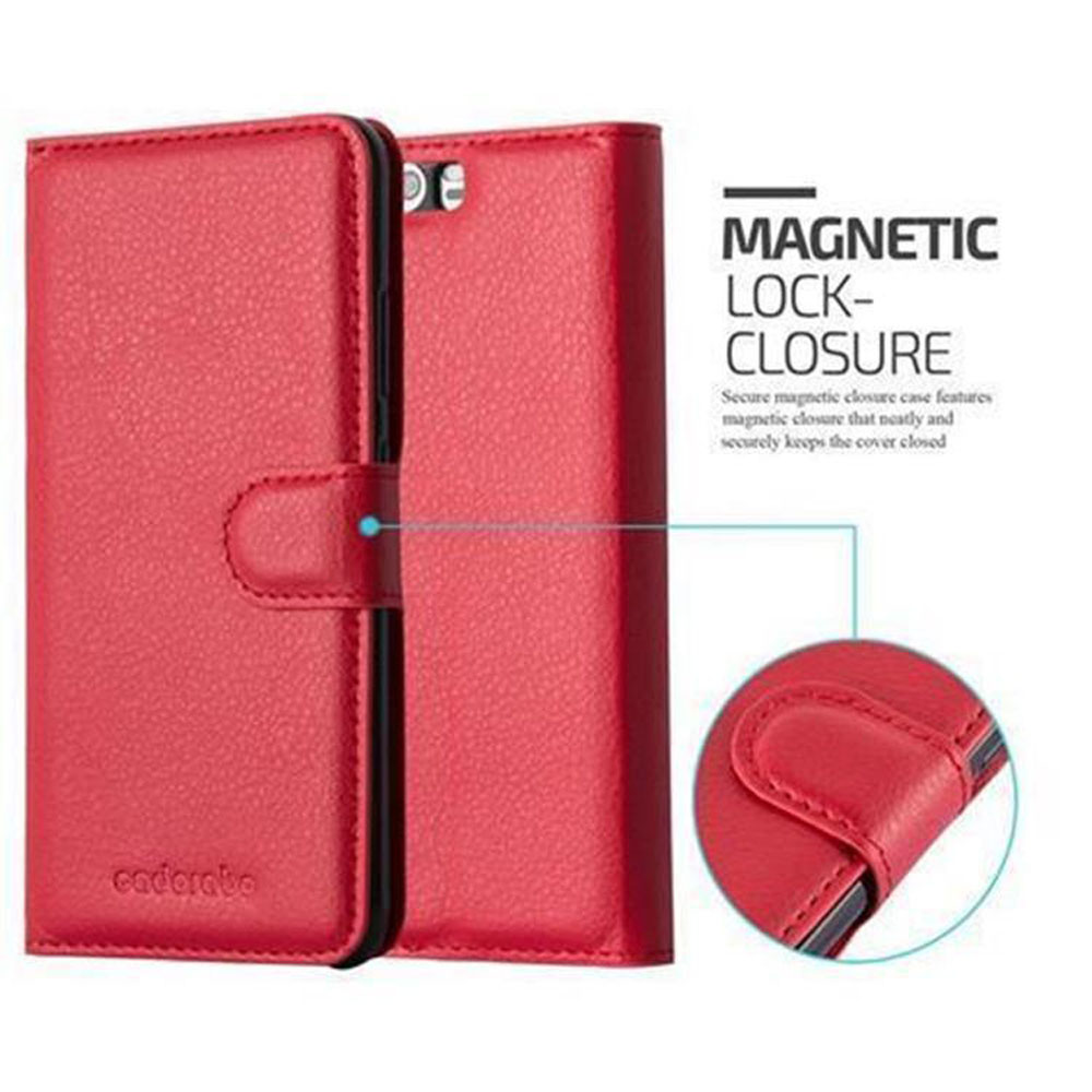 Una custodia rossa per telefono chiusa, con chiusura magnetica. L'interno mostra il design della custodia.