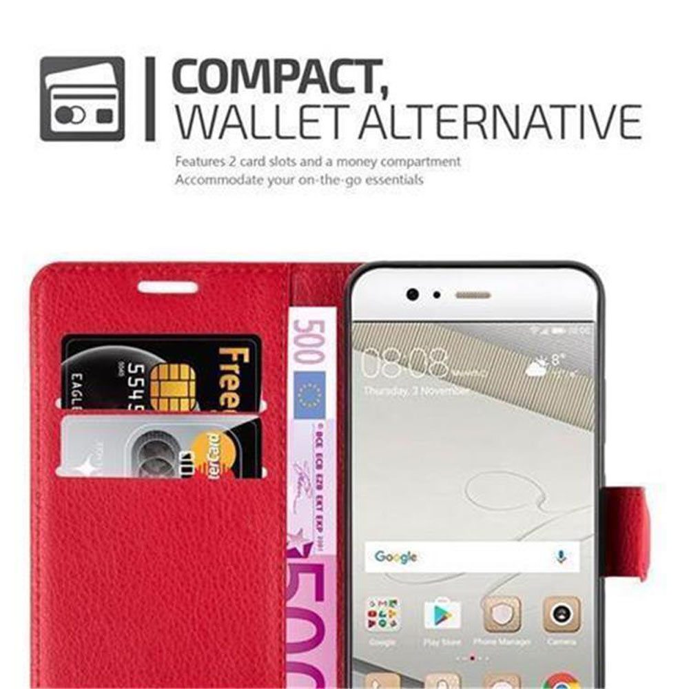 Custodia per telefono rossa aperta per rivelare telefono, carte e denaro.
