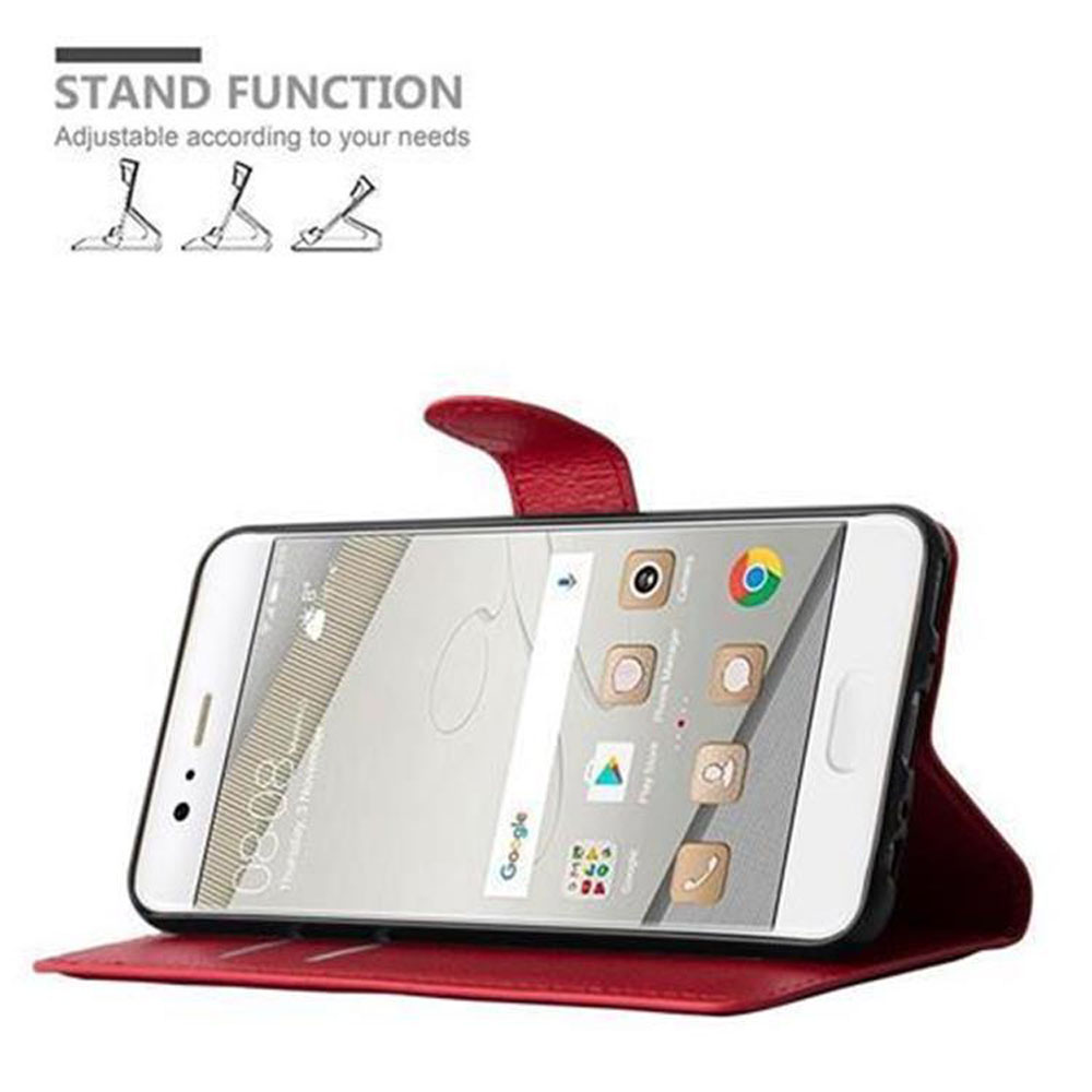 Un telefono in una custodia rossa, in piedi. La custodia si apre per mostrare lo schermo del telefono. La funzione stand è annotata.