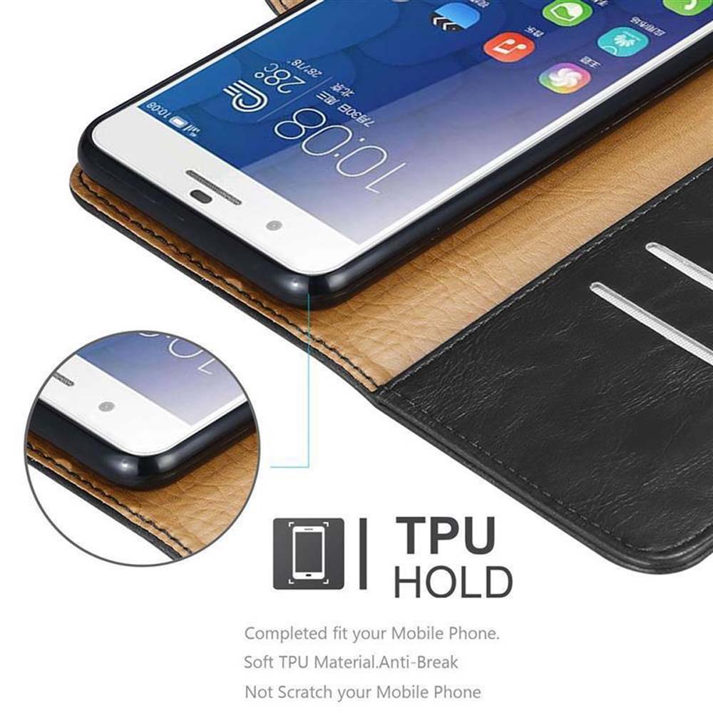 Schermo del telefono all'interno di una custodia nera. La custodia è aperta. Testo sullo schermo. Primo piano.