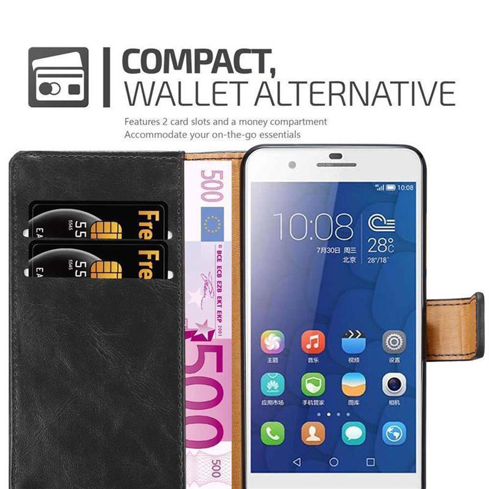 Custodia per telefono nera con fessure per carte e denaro, con un telefono che mostra l'ora.
