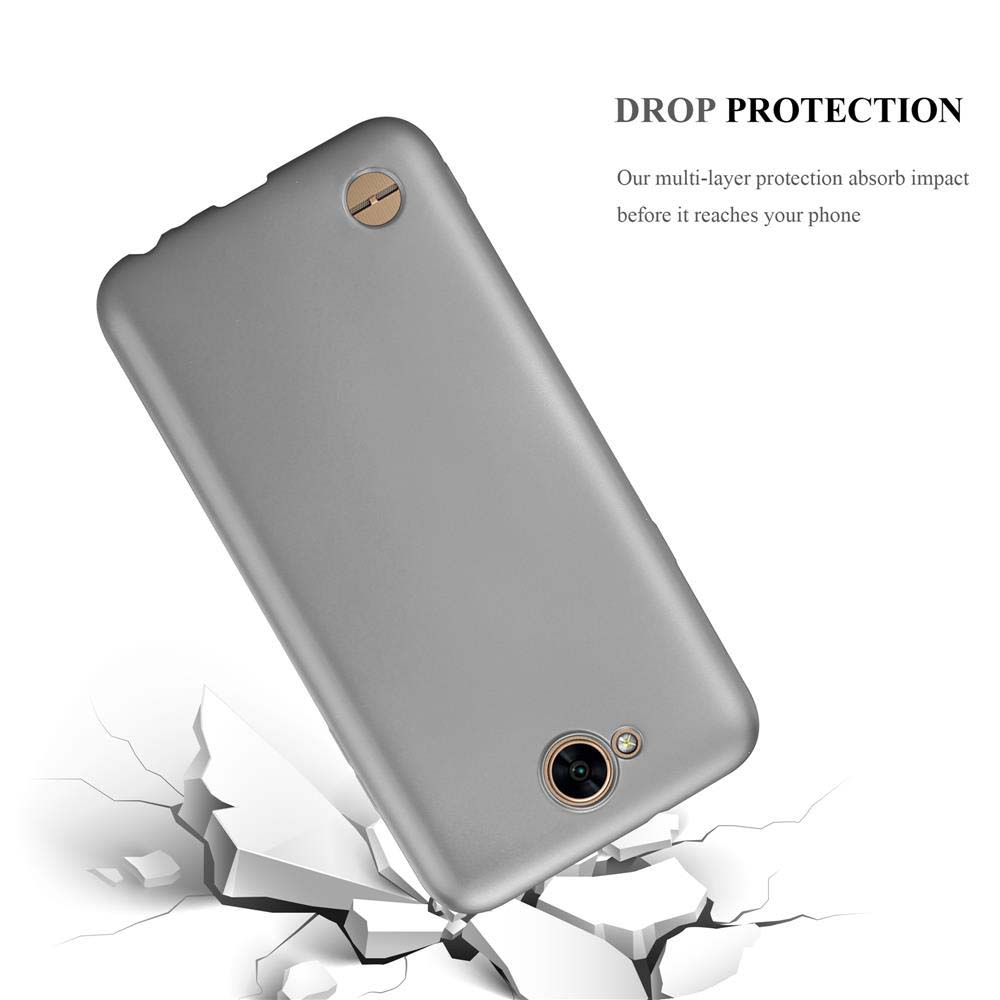 Graue Handyhülle mit Telefon. Das Telefon fällt auf eine zerbrochene Oberfläche.
