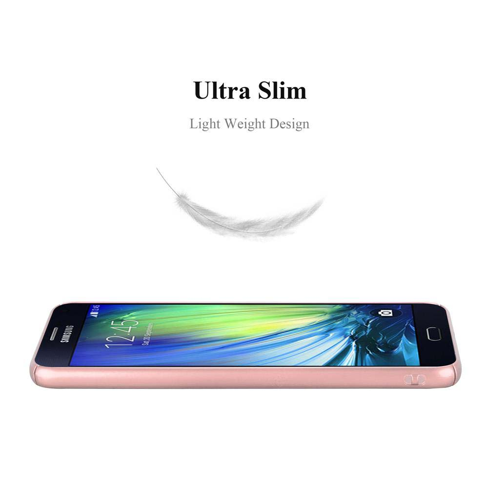 Un telefono rosa su una superficie bianca, vicino al testo 'Ultra Slim Light Weight Design'.