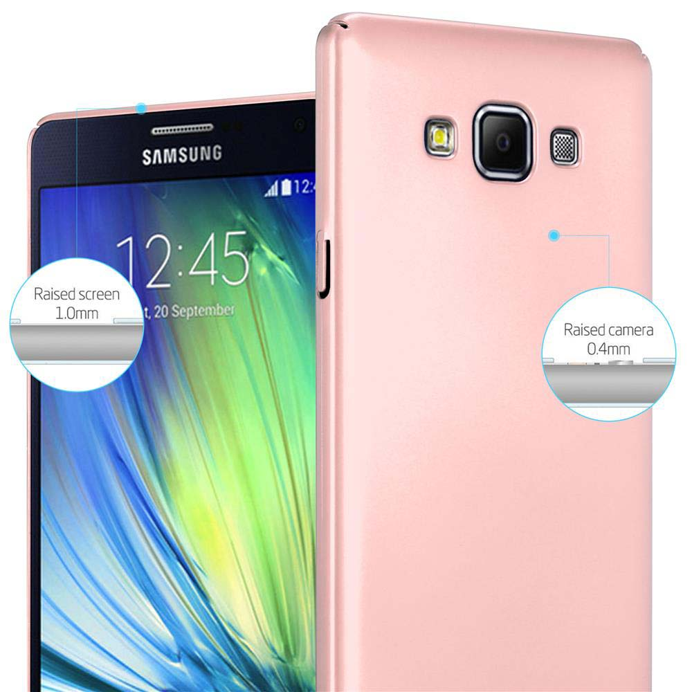 Custodia rosa con telefono, protezione schermo e fotocamera rialzate.