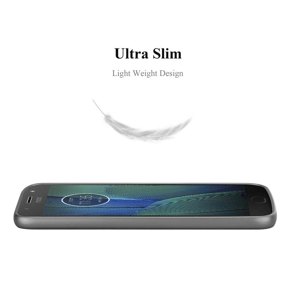 Un telefono in una custodia grigia è piatto, con una piuma bianca che fluttua sopra.
