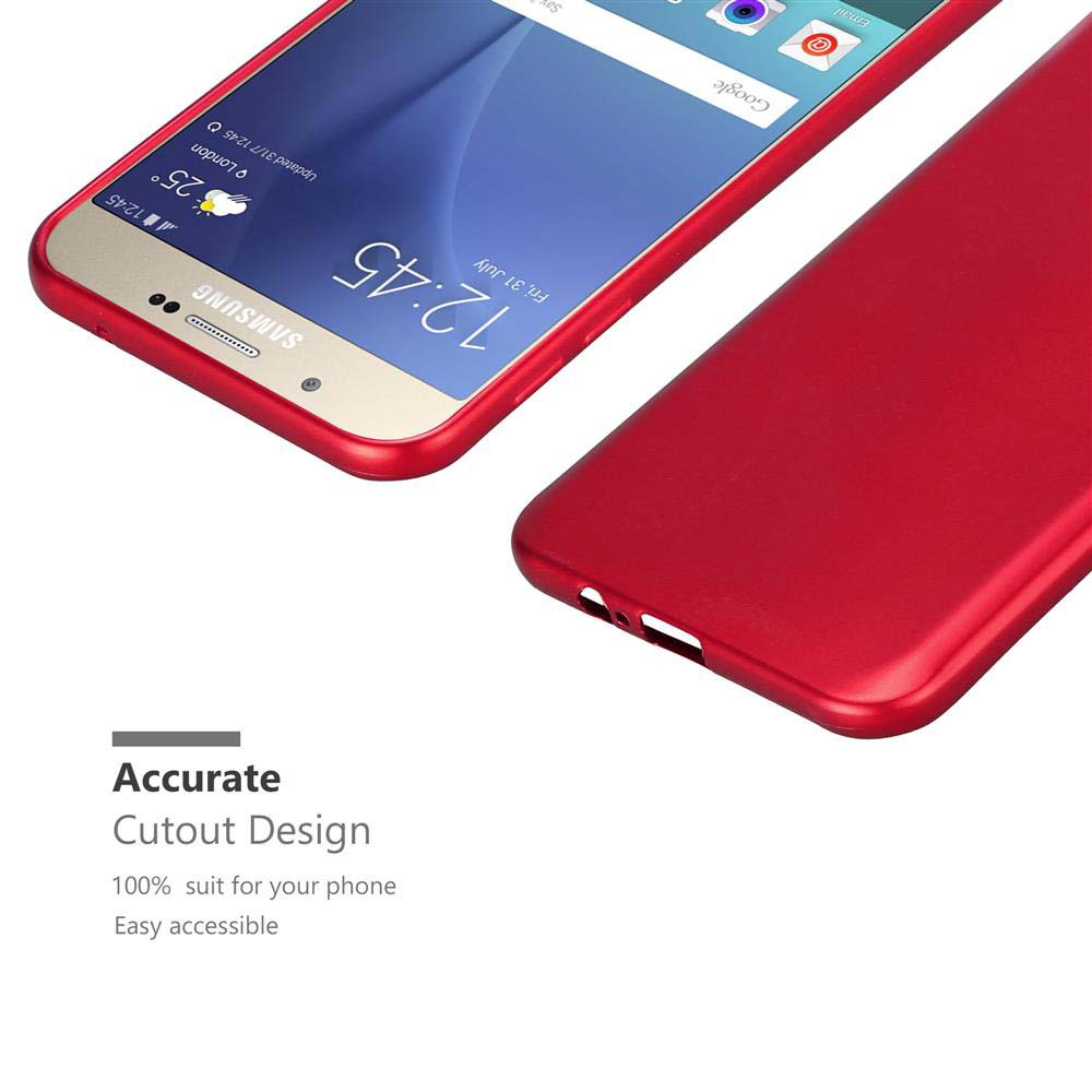 Custodia rossa per telefono con telefono a sinistra. Lo schermo del telefono mostra l'ora e la barra di ricerca di Google. Sfondo bianco.