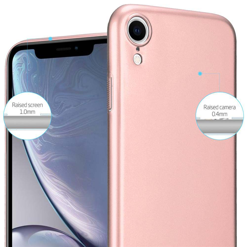 Ein roségoldenes Telefon in einer Hülle, das erhöhte Bildschirm- und Kameraränder zeigt.