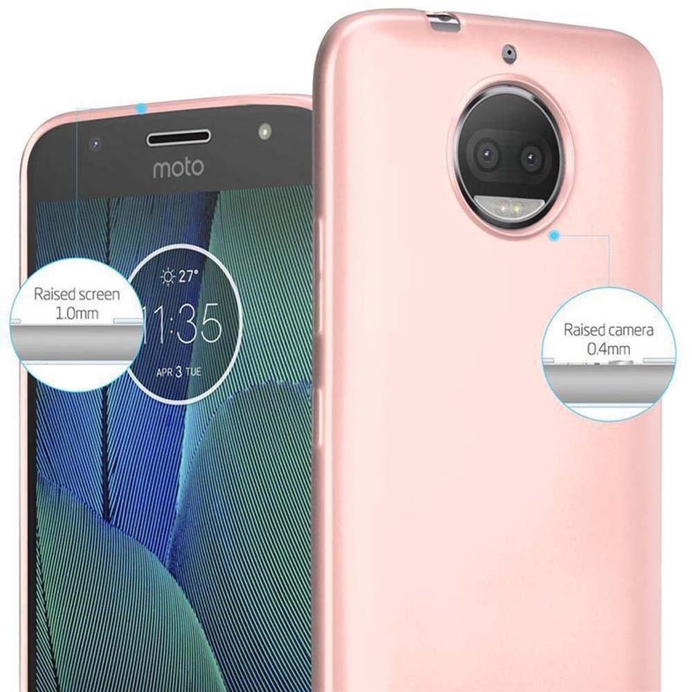Una custodia rosa per telefono con un telefono all'interno, con dettagli di protezione dello schermo e della fotocamera rialzati.