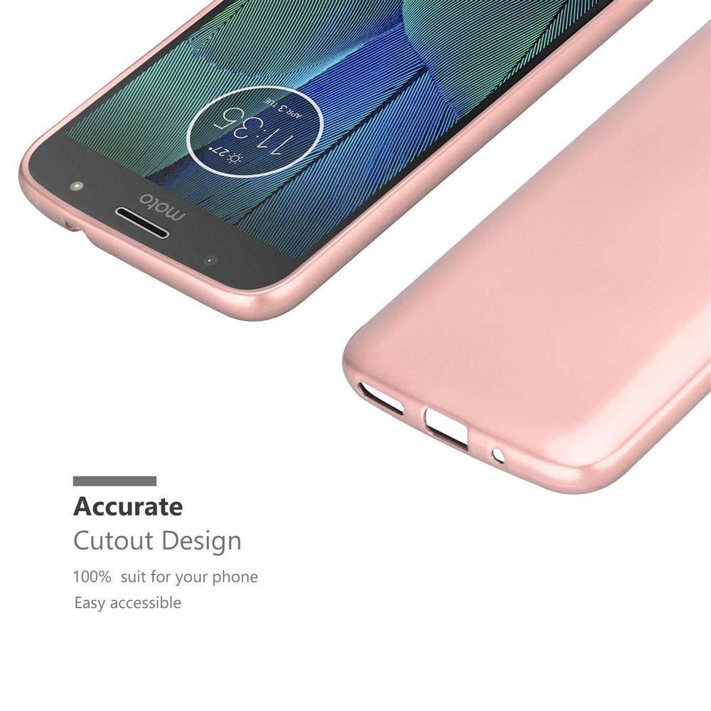 Telefono rosa con custodia, angolato. Testo: Design preciso, facile accesso.