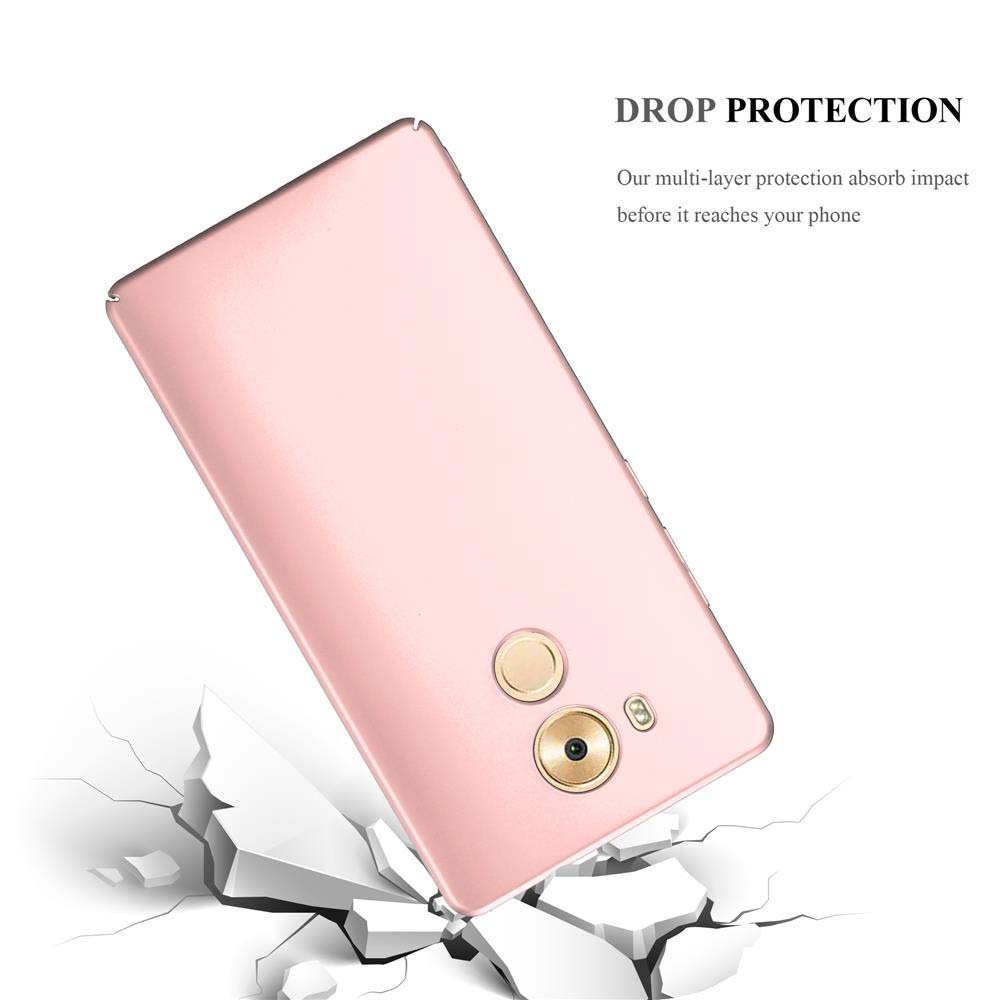 Funda rosa cayendo sobre superficie agrietada. Texto: 'Drop Protection'.