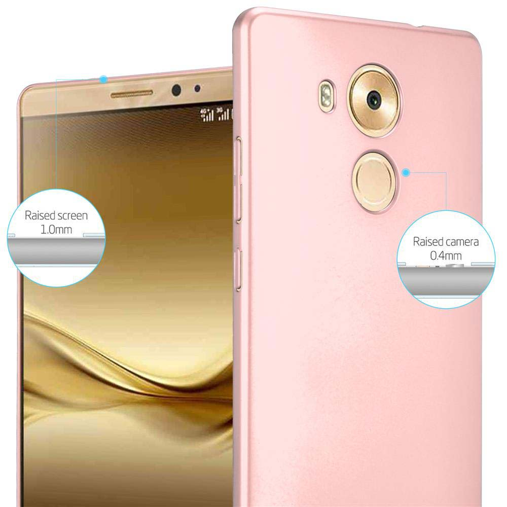 Funda de teléfono rosa con pantalla y cámara elevadas. Muestra los detalles de 1,0 mm y 0,4 mm.