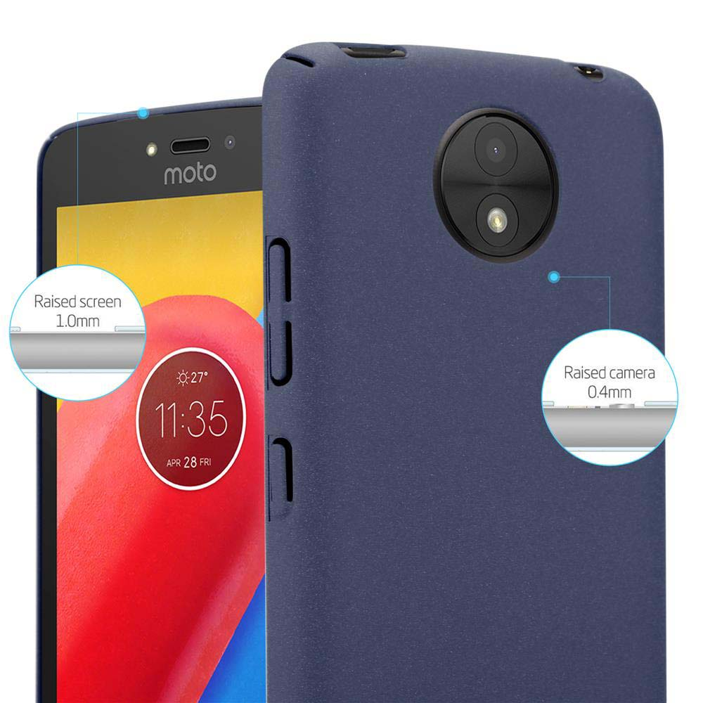 Un primo piano di una custodia blu per telefono su un telefono. Testo sullo schermo e sulla custodia, con misure.