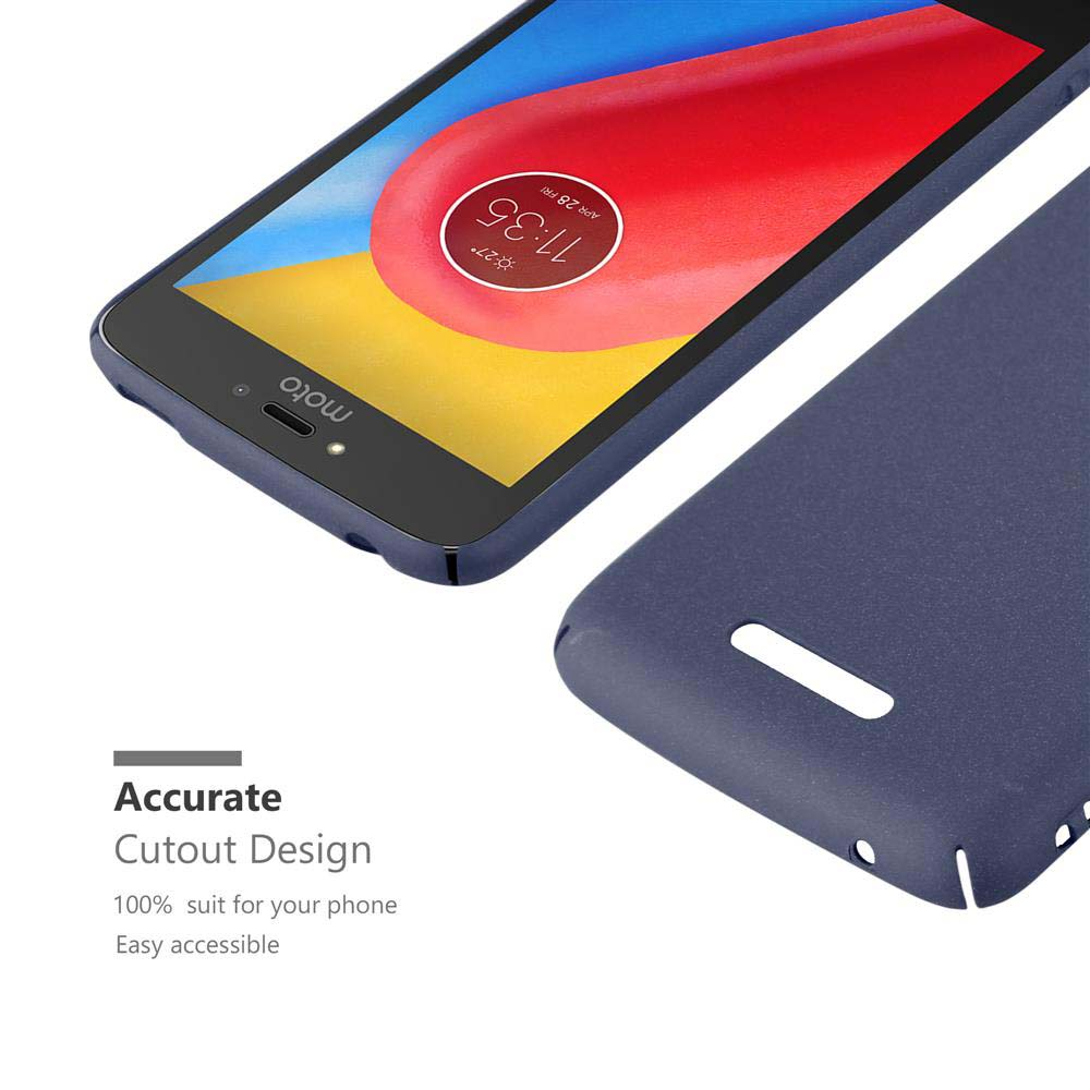 Telefono con custodia blu, che mostra lo schermo del telefono con colori rosso e bianco. Il testo dice design ritagliato.