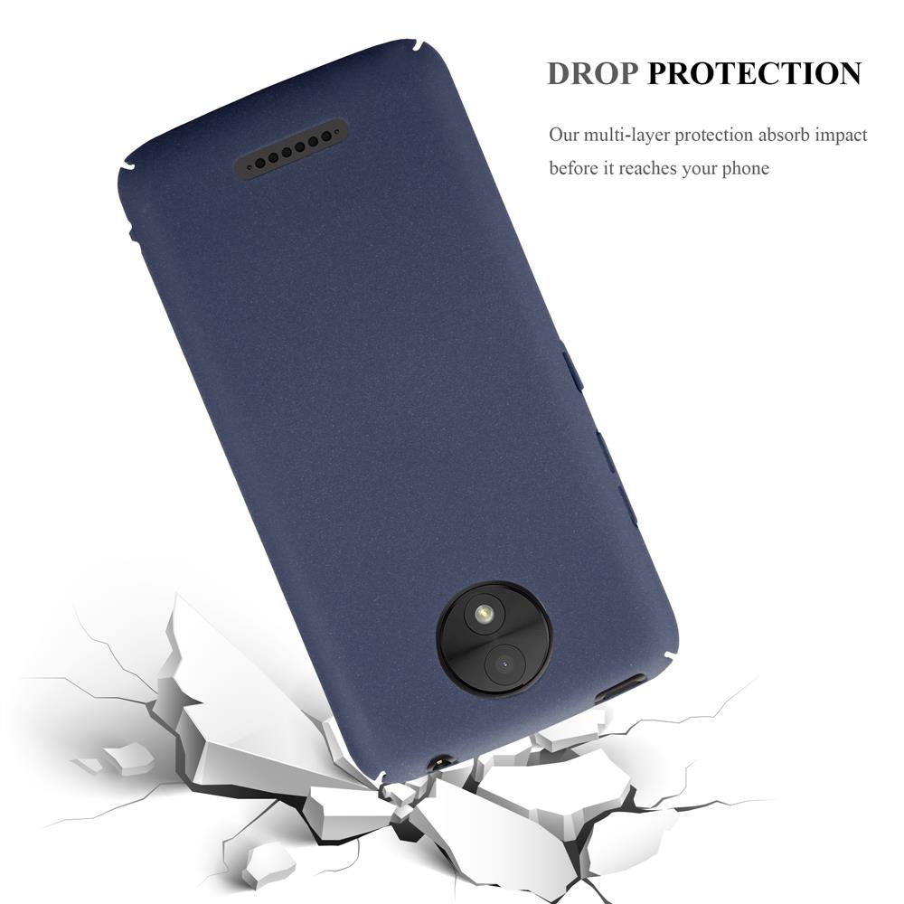 Cover blu su sfondo bianco con crepe, con testo 'Drop Protection'.