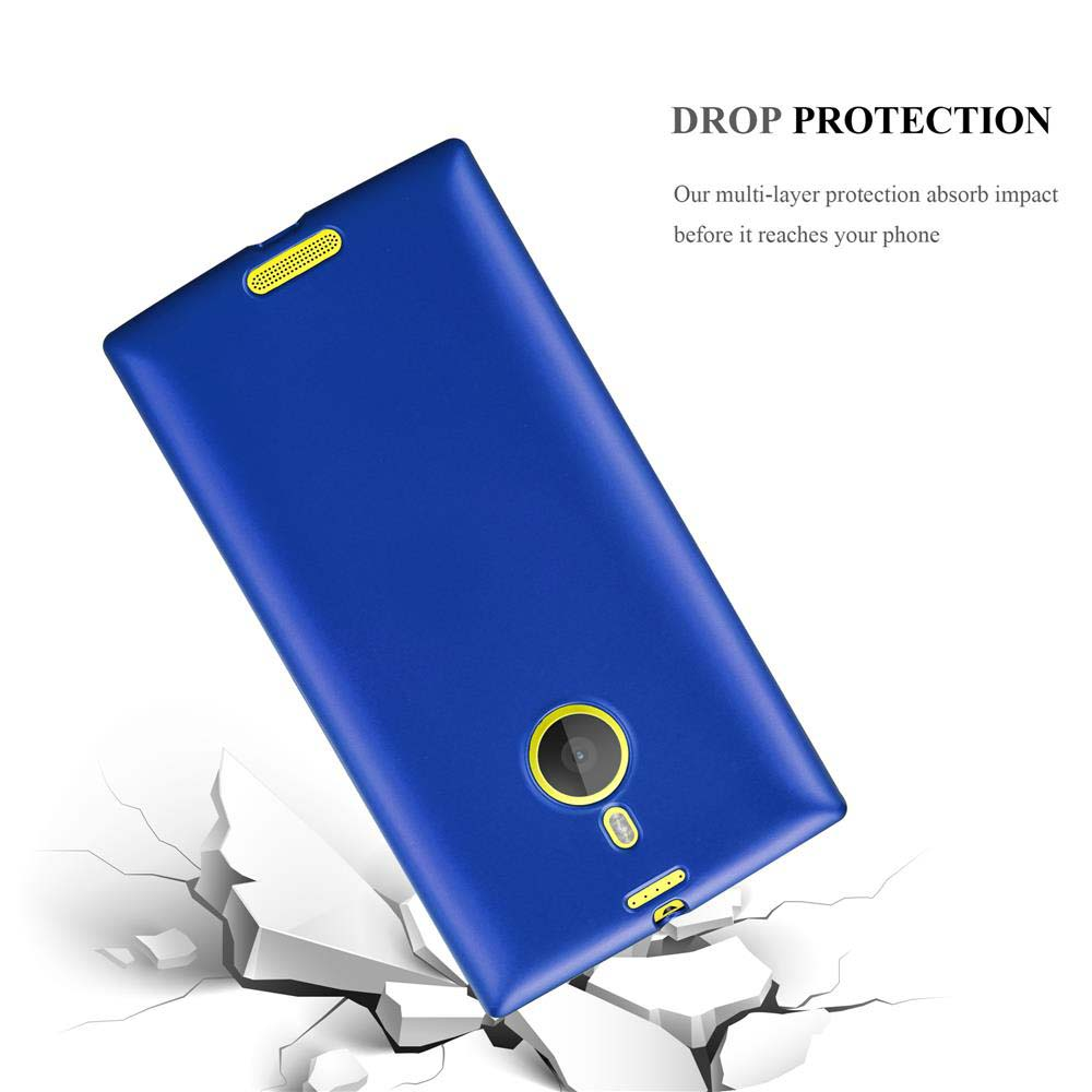 Custodia blu per telefono, con telefono all'interno, che cade e si rompe. Testo: PROTEZIONE CADUTE.