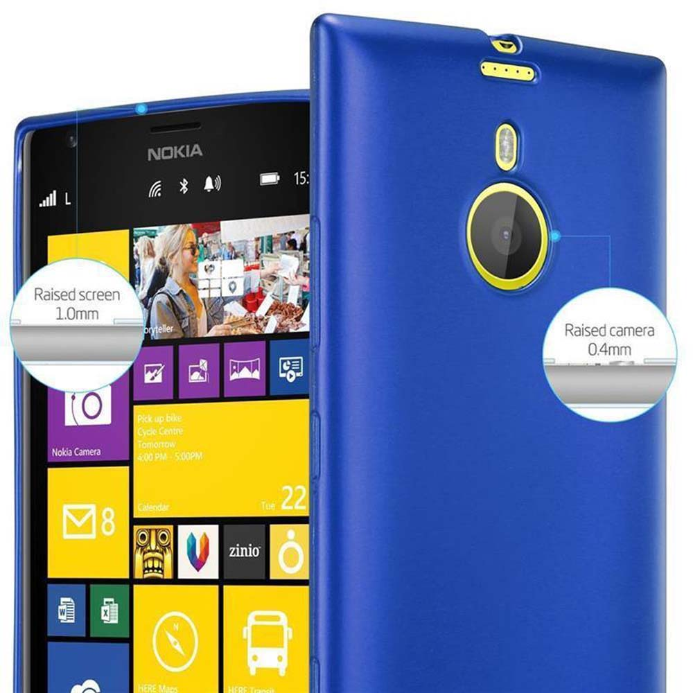 Custodia blu per telefono con un telefono Nokia. Lo schermo mostra le app. Sfondo bianco.