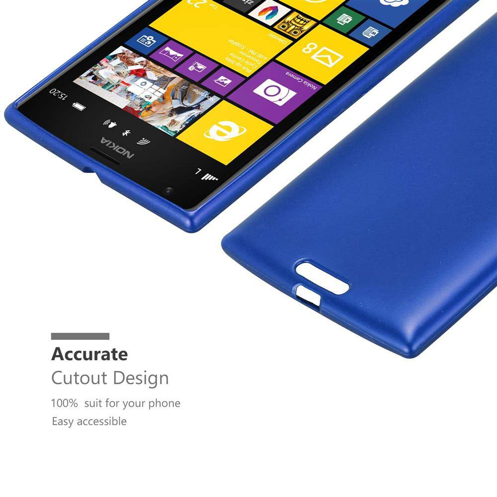 Una custodia blu con un telefono all'interno. Lo schermo mostra icone e testo.