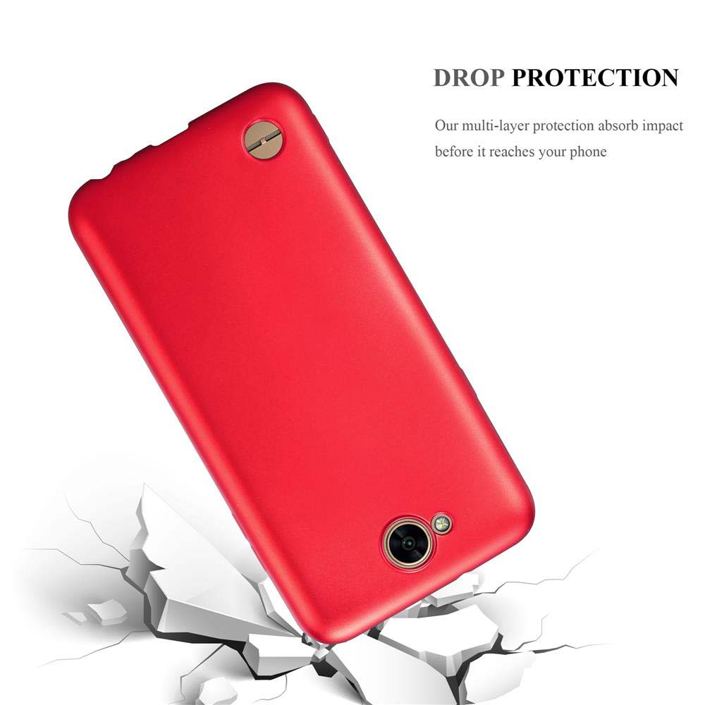 Eine rote Handyhülle fällt und reißt den Boden darunter auf. Text: 'DROP PROTECTION'.