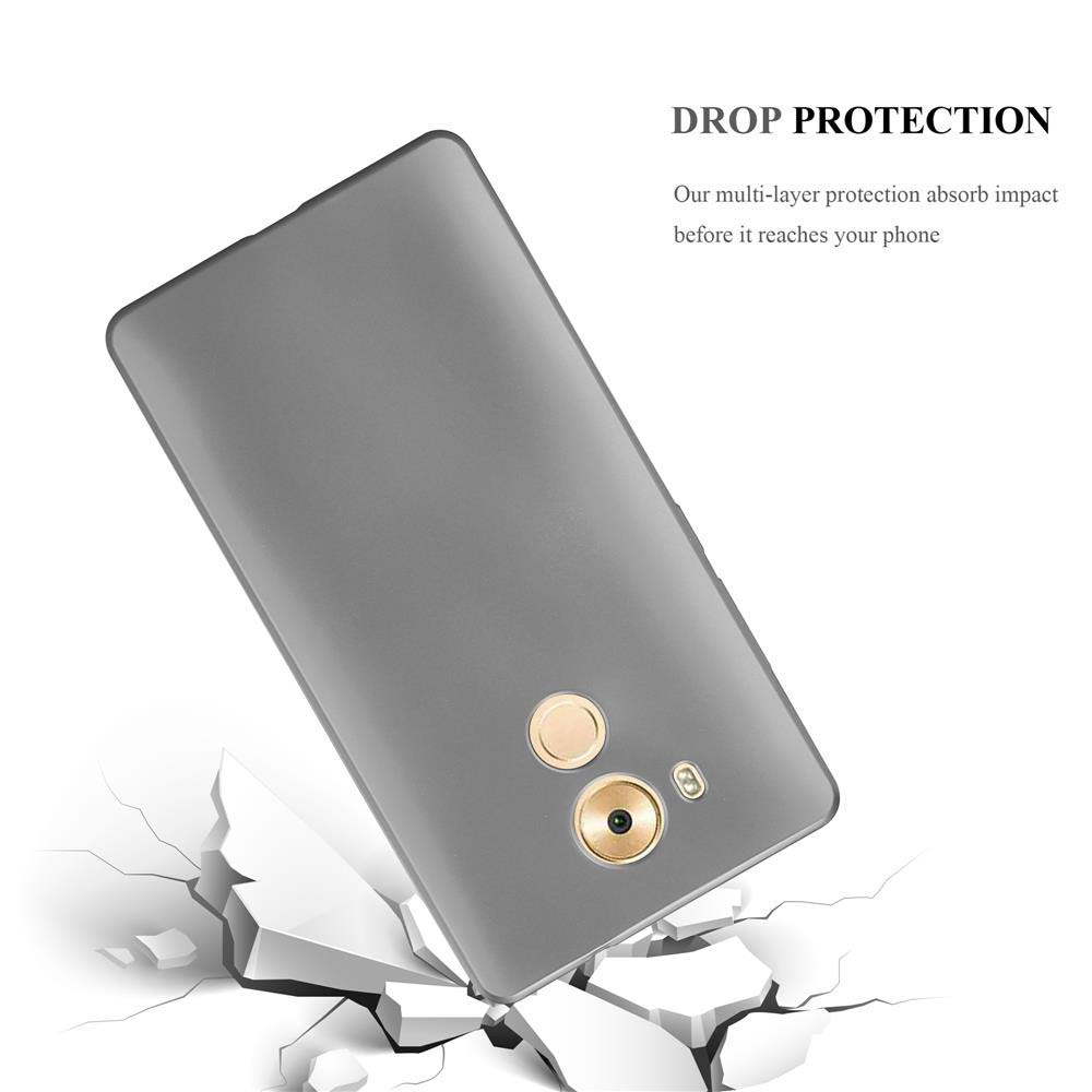 Funda de teléfono gris que se cae y rompe el suelo.