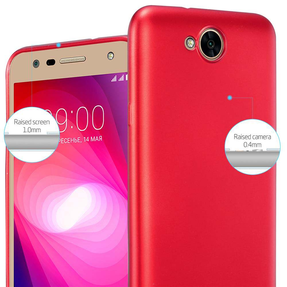 Rote Handyhülle mit einem Telefon, mit Nahaufnahme der Telefon- und Gehäusenkanten.