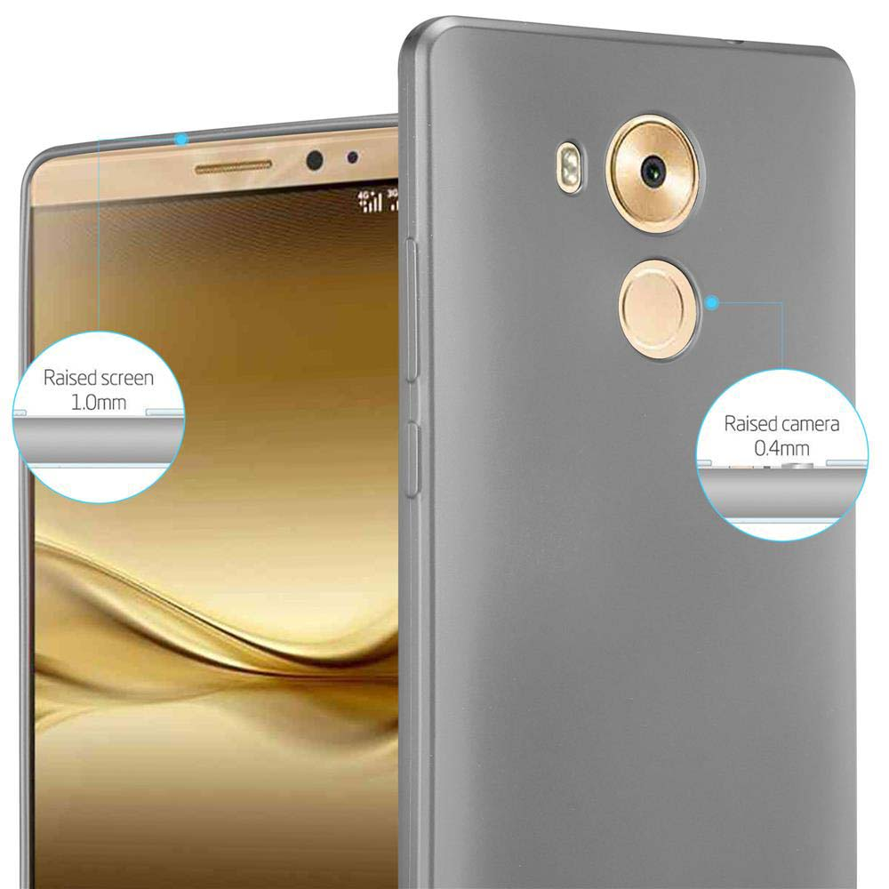 Una funda de teléfono gris con un teléfono que muestra una pantalla y detalles de pantalla/cámara elevados.
